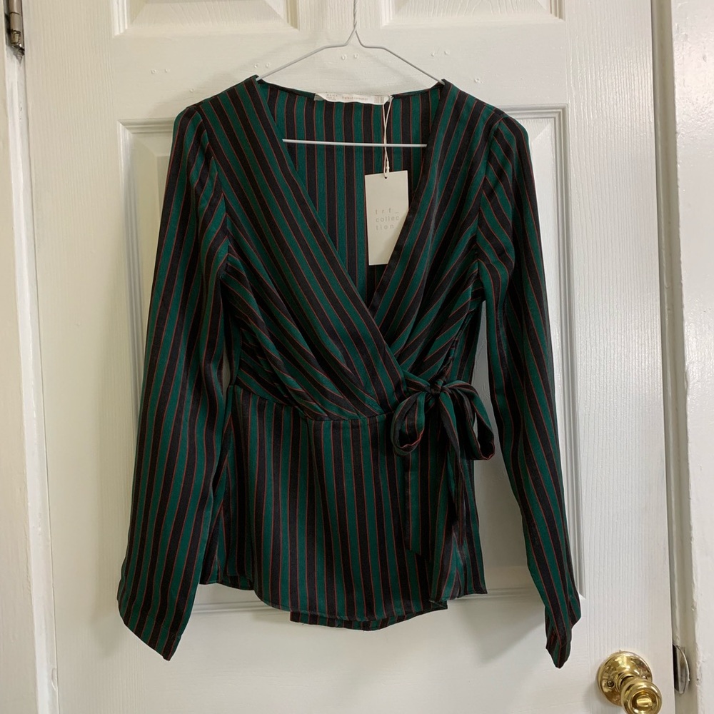NEW • ZARA Satin Striped Green Wrap Top